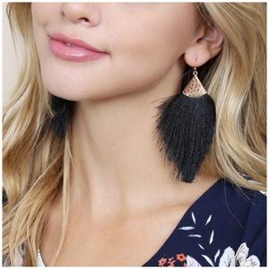 BLACK BOHO OVERSIZED SILK TASSEL FRINGE EARRINGS